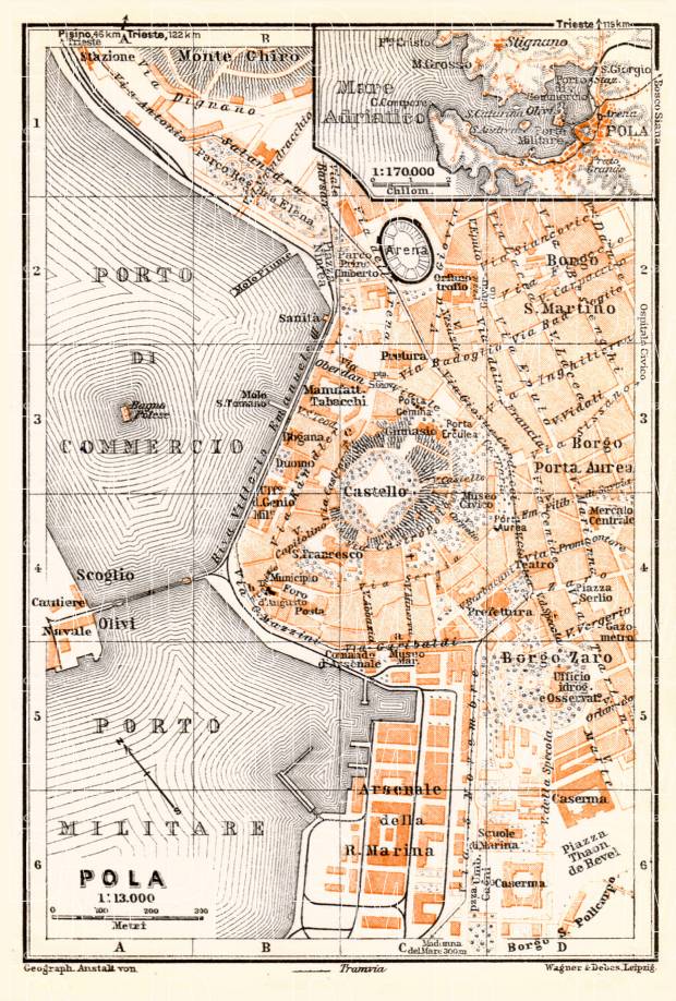 Pola (Pula) city map and environs map, 1929. Use the zooming tool to explore in higher level of detail. Obtain as a quality print or high resolution image