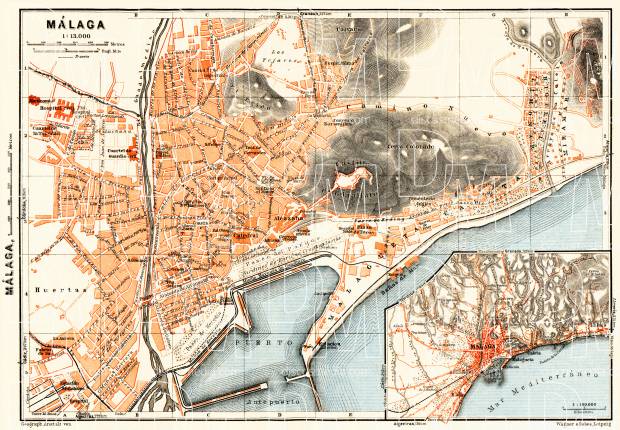 Málaga, city map. Environs of Málaga, 1929. Use the zooming tool to explore in higher level of detail. Obtain as a quality print or high resolution image