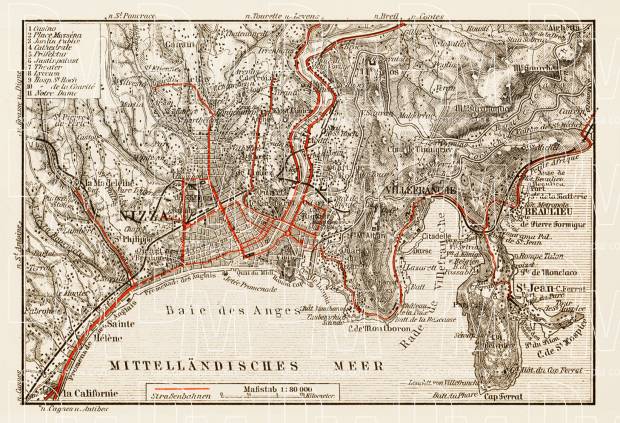 Nice and environs map with tramway network, 1913. Use the zooming tool to explore in higher level of detail. Obtain as a quality print or high resolution image