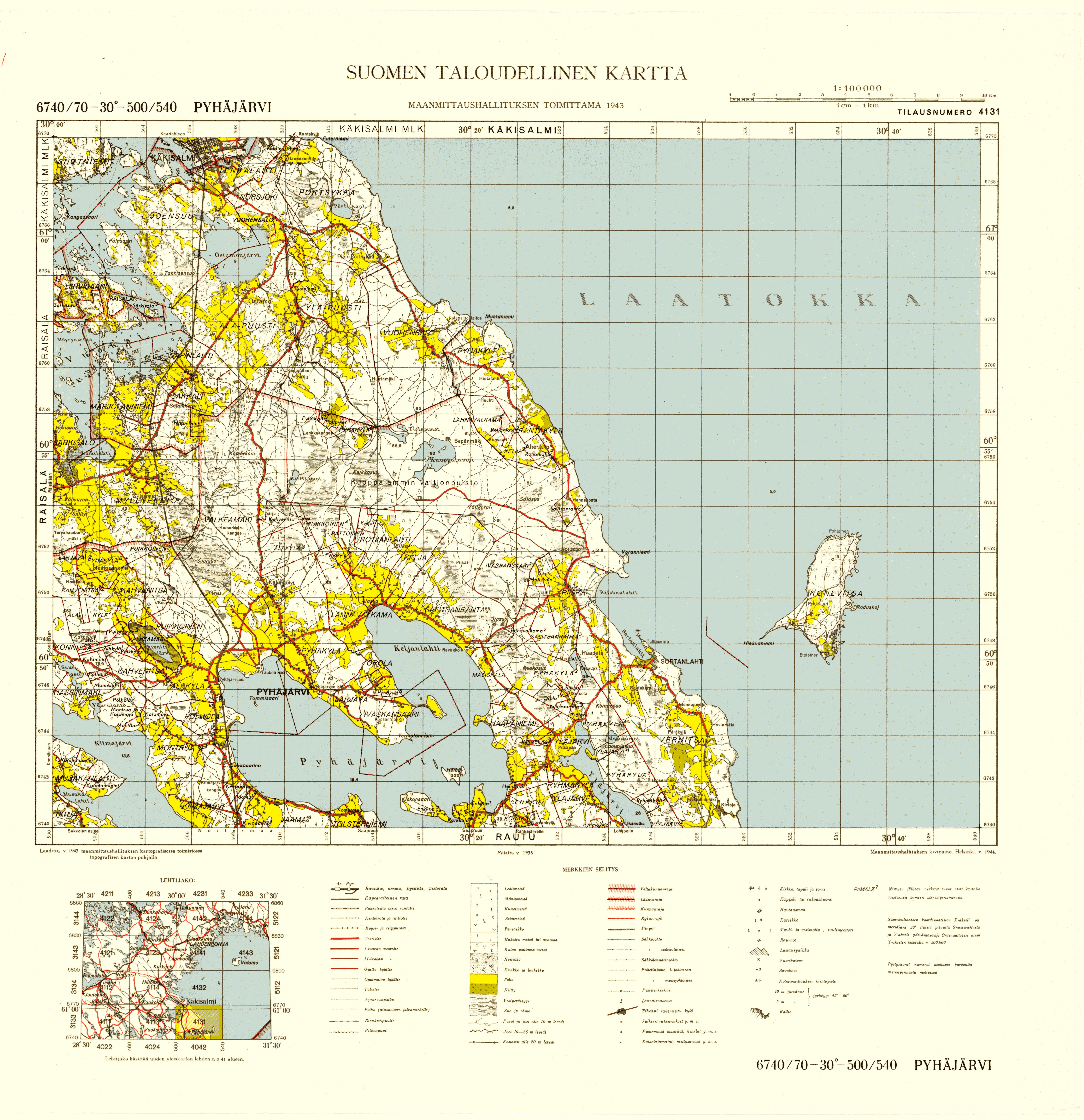 Plodovoje. Pyhäjärvi. Taloudellinen kartta 4131. Economic map from 1944. Use the zooming tool to explore in higher level of detail. Obtain as a quality print or high resolution image