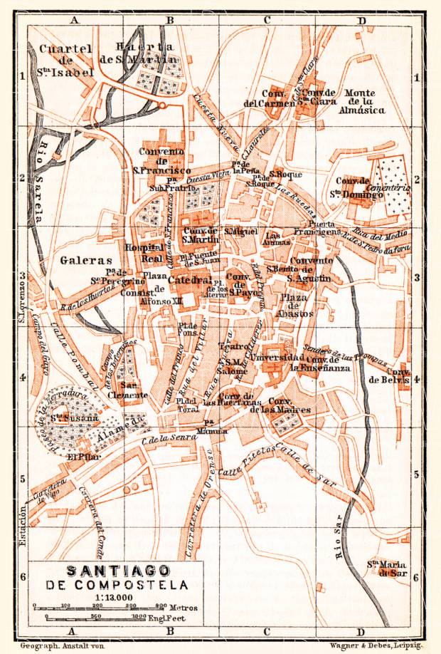 Santiago de Compostela city map, 1899. Use the zooming tool to explore in higher level of detail. Obtain as a quality print or high resolution image