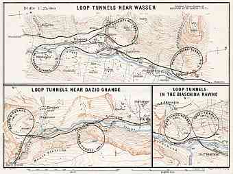 Gotthard railway. St. Gotthard spiral (loop) tunnels´ map, 1909