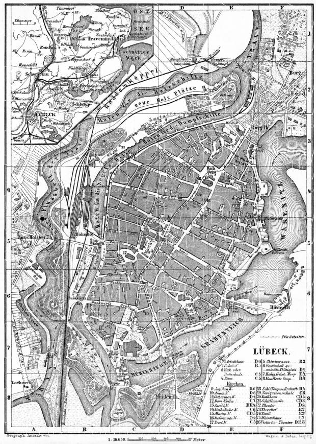 Lübeck, city map. Environs of Lübeck map, 1887. Use the zooming tool to explore in higher level of detail. Obtain as a quality print or high resolution image
