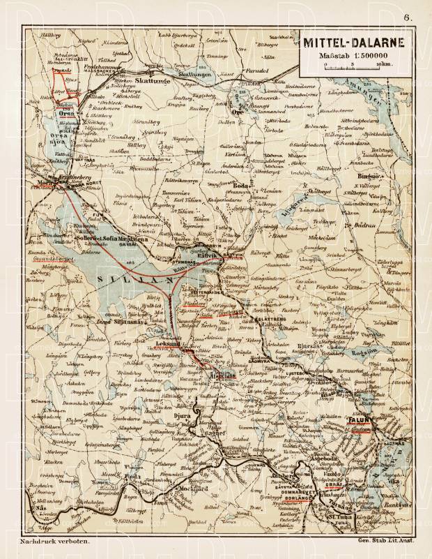 Middle Dalarna (Mellersta Dalarna), region map, 1899. Use the zooming tool to explore in higher level of detail. Obtain as a quality print or high resolution image