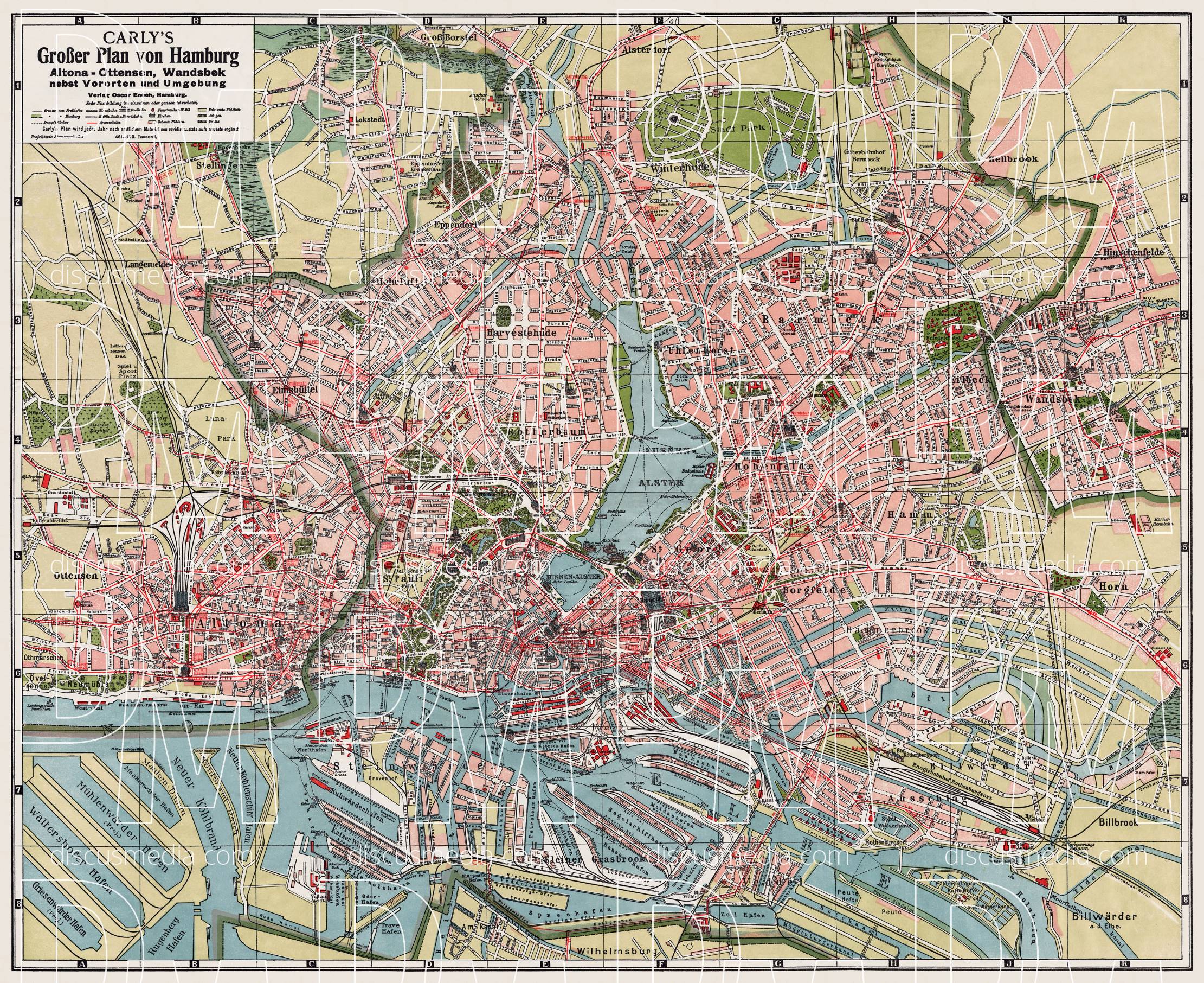 Old map of Hamburg and Altona in 1912. Buy vintage map replica poster