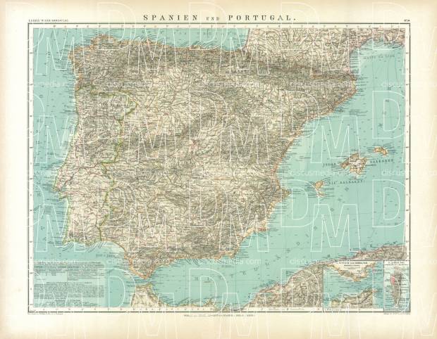 Spain and Portugal Map, 1905. Use the zooming tool to explore in higher level of detail. Obtain as a quality print or high resolution image