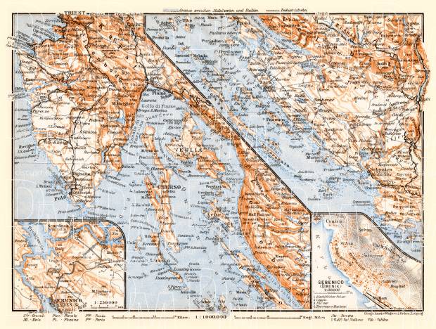 Istria and Dalmatian coast at Bossoglina (Marina). Šibenik (Sebenico) town plan and environs of Šibenik map, 1929. Use the zooming tool to explore in higher level of detail. Obtain as a quality print or high resolution image