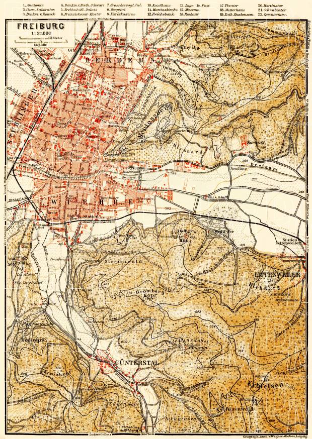 Freiburg and environs map, 1908. Use the zooming tool to explore in higher level of detail. Obtain as a quality print or high resolution image