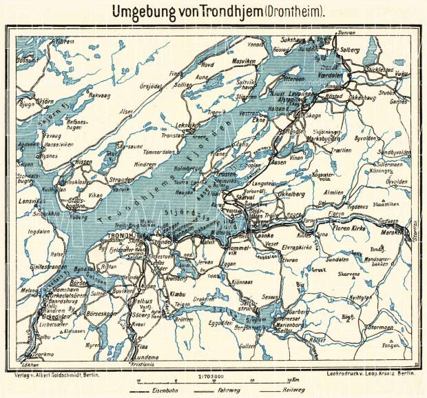 Trondheim (Trondhjem) environs map, 1913. Use the zooming tool to explore in higher level of detail. Obtain as a quality print or high resolution image