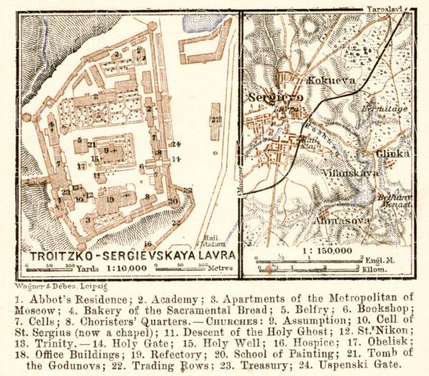 Sergiev Posad (Сергiевъ Посадъ, now Sergievo) environs map with Troitse-Sergieva Laura plan inset, 1914. Use the zooming tool to explore in higher level of detail. Obtain as a quality print or high resolution image