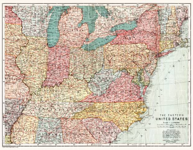 Map of the eastern United States, 1909. Use the zooming tool to explore in higher level of detail. Obtain as a quality print or high resolution image
