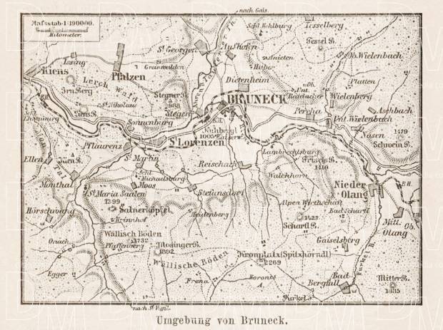 Map of the environs of Bruneck, 1903. Use the zooming tool to explore in higher level of detail. Obtain as a quality print or high resolution image