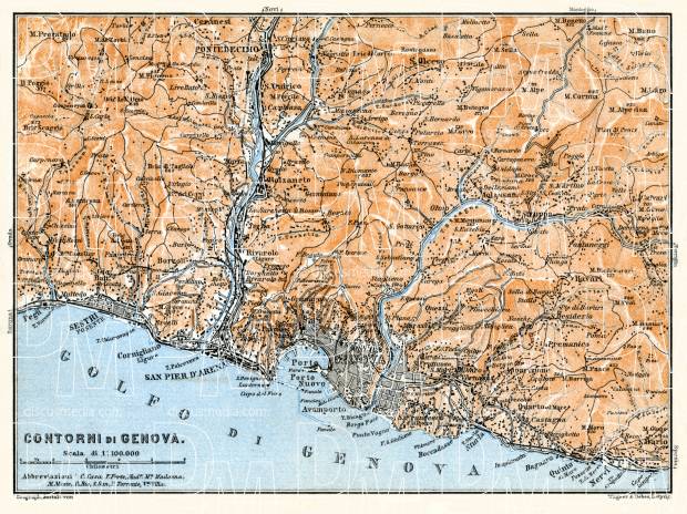 Genoa (Genova) environs map, 1908. Use the zooming tool to explore in higher level of detail. Obtain as a quality print or high resolution image