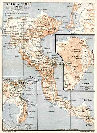 Corfu Isle map, 1912. With town plan of Corfu (Kerkyra)