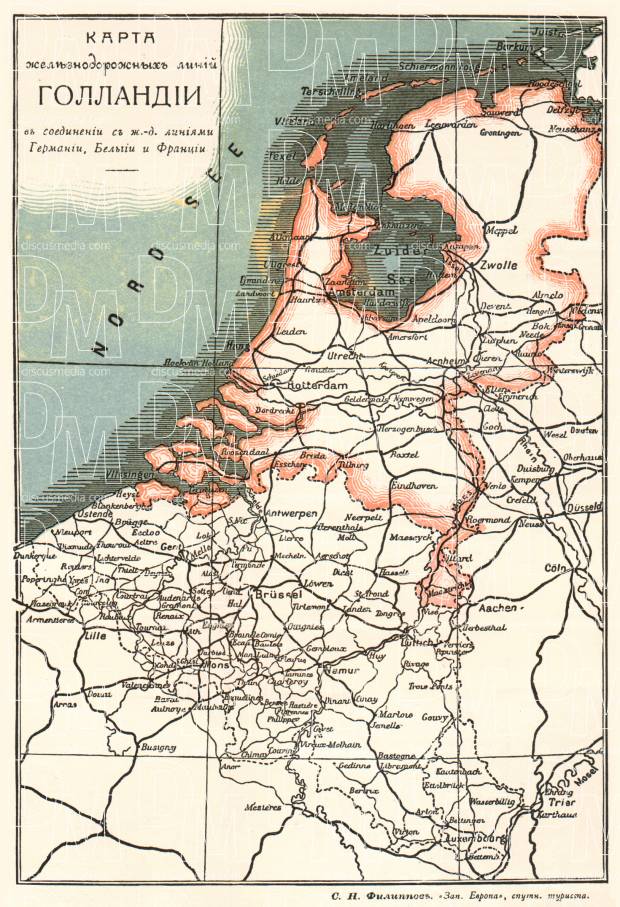 Railway map of the Netherlands (Legend in Russian), 1900. Use the zooming tool to explore in higher level of detail. Obtain as a quality print or high resolution image