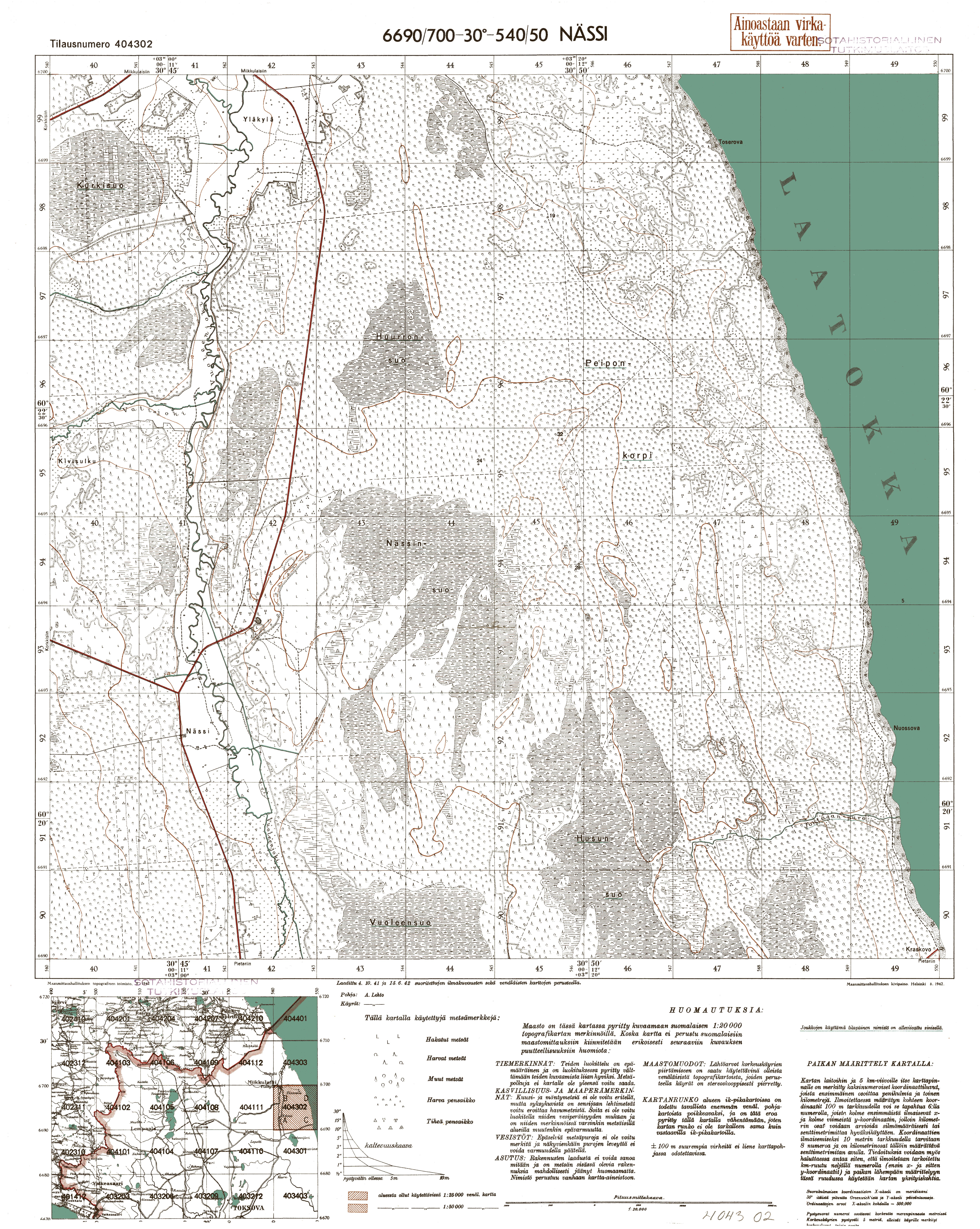 Njasino. Nässi. Topografikartta 404302. Topographic map from 1937. Use the zooming tool to explore in higher level of detail. Obtain as a quality print or high resolution image