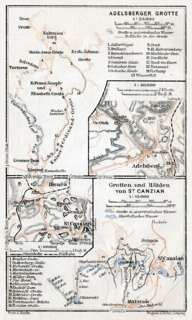 Adelsberg (Postojna, Postumia) Royal Grottoes. Divača and the Škocjan Caves area map, 1910. Use the zooming tool to explore in higher level of detail. Obtain as a quality print or high resolution image