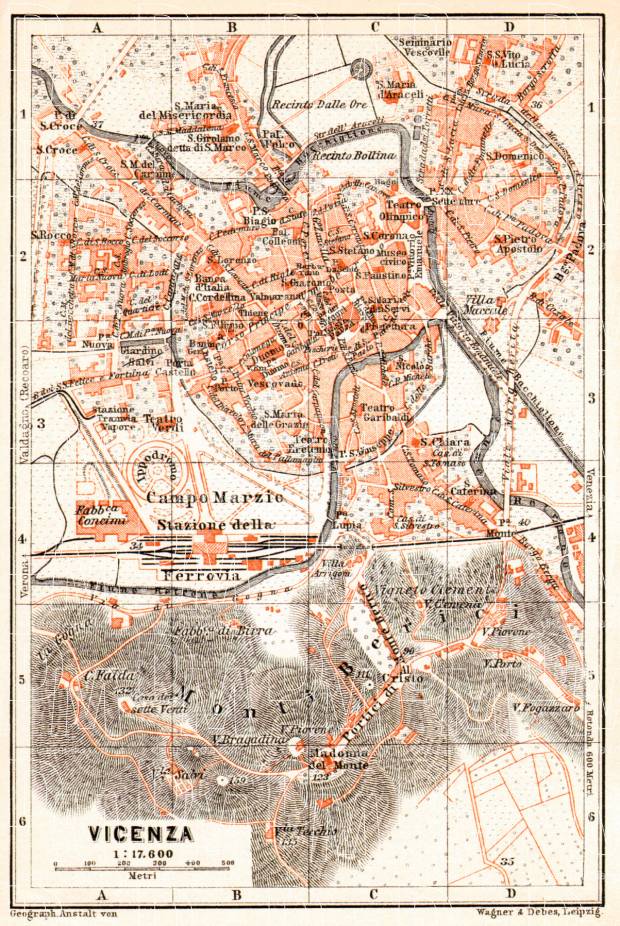 Vicenza city map, 1908. Use the zooming tool to explore in higher level of detail. Obtain as a quality print or high resolution image