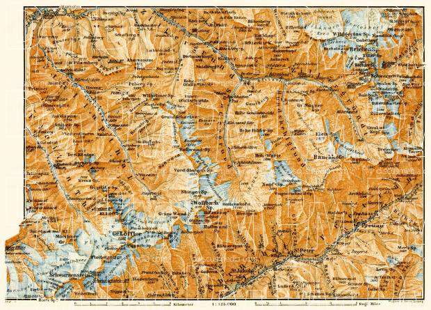Eastern Zillertal Alps (Zillertaler Alpen) map, 1906. Use the zooming tool to explore in higher level of detail. Obtain as a quality print or high resolution image