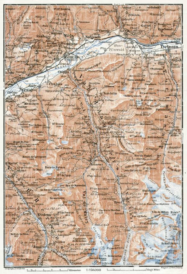 Sierre and Val d´Anniviers map, 1909. Use the zooming tool to explore in higher level of detail. Obtain as a quality print or high resolution image