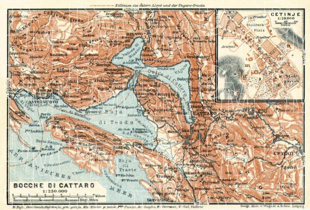 Map of the Gulf of Kotor (Boka Kotorska) and Cetinje town plan, 1913. Use the zooming tool to explore in higher level of detail. Obtain as a quality print or high resolution image