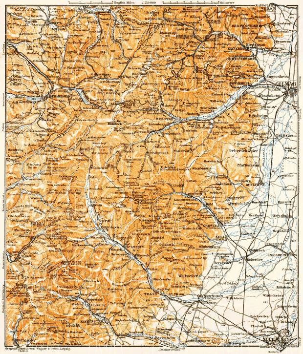 South Vosges. Mühlhausen (Mulhouse) - Colmar map, 1905. Use the zooming tool to explore in higher level of detail. Obtain as a quality print or high resolution image