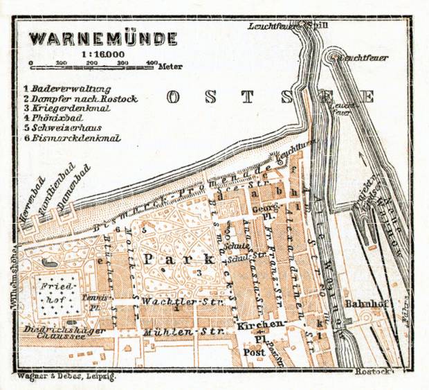 Warnemünde town plan, 1911. Use the zooming tool to explore in higher level of detail. Obtain as a quality print or high resolution image