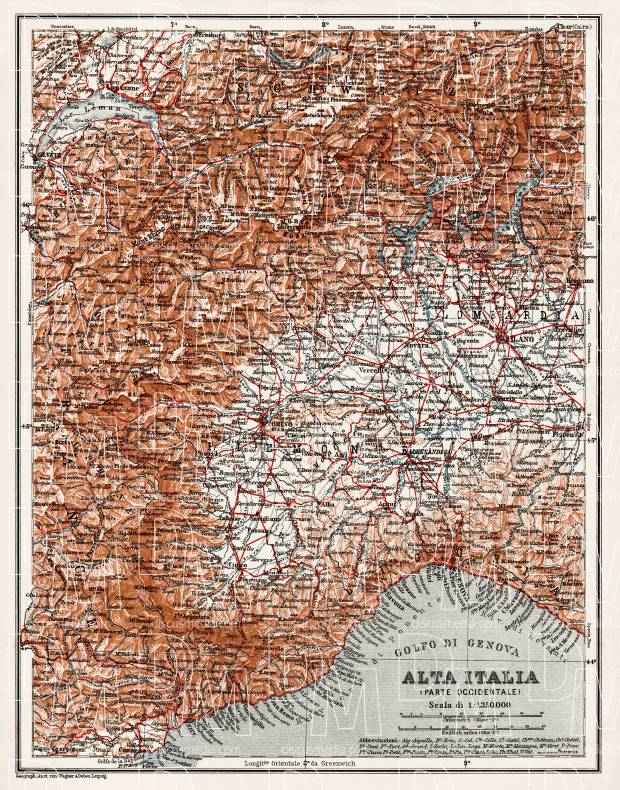 Alta Italia - North Italy map, 1908. Western part. Use the zooming tool to explore in higher level of detail. Obtain as a quality print or high resolution image