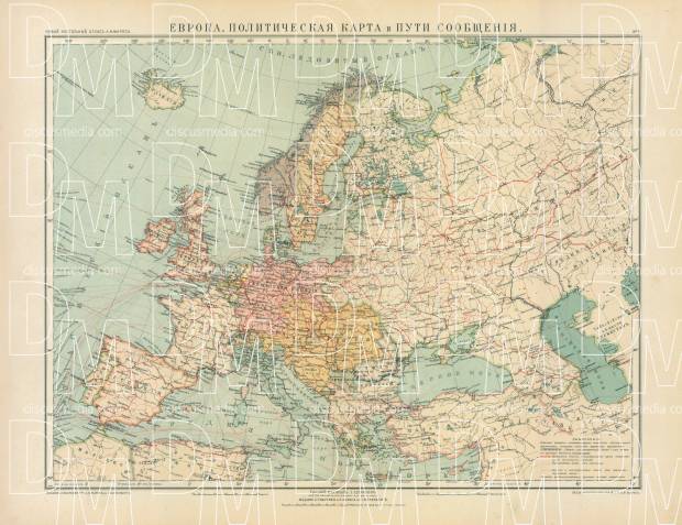 Political Map of Europe and Communication Lines (in Russian), 1910. Use the zooming tool to explore in higher level of detail. Obtain as a quality print or high resolution image