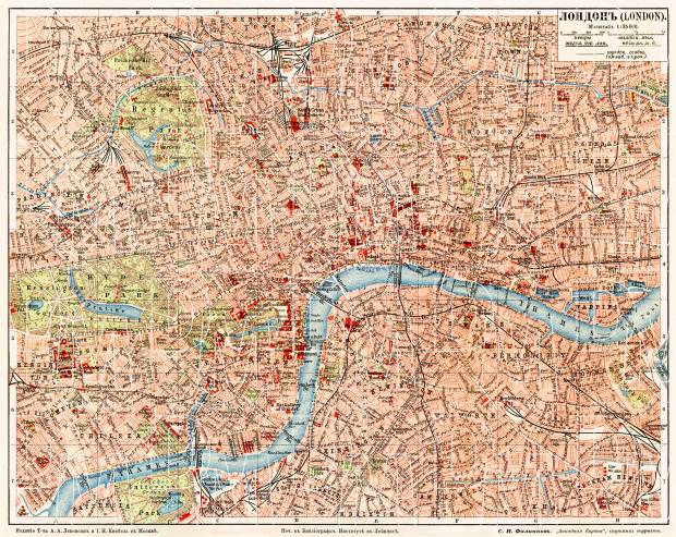 London city map, 1903 (legend in Russian). Use the zooming tool to explore in higher level of detail. Obtain as a quality print or high resolution image