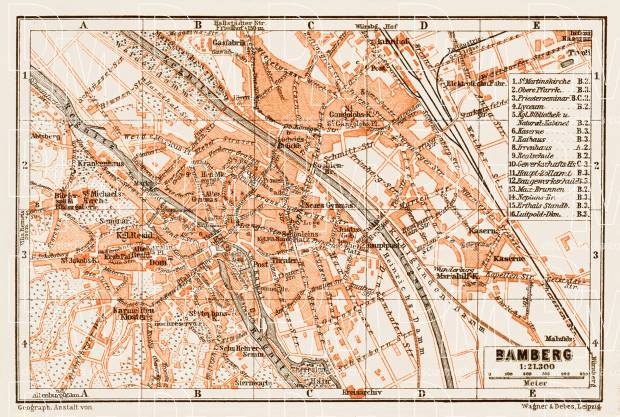 Bamberg city map, 1909. Use the zooming tool to explore in higher level of detail. Obtain as a quality print or high resolution image
