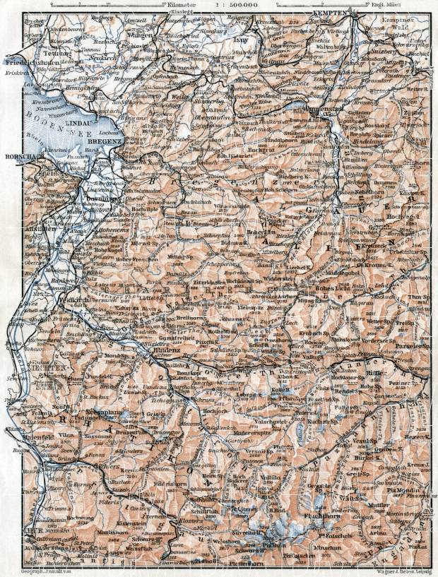 Vorarlberg and Forest of Bregenz (Bregenzer Wald) region map, 1910. Use the zooming tool to explore in higher level of detail. Obtain as a quality print or high resolution image