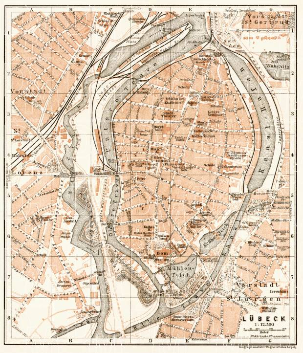 Lübeck city map, 1911. Use the zooming tool to explore in higher level of detail. Obtain as a quality print or high resolution image