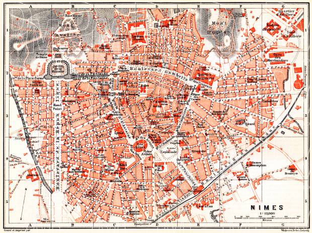 Nîmes city map, 1885. Use the zooming tool to explore in higher level of detail. Obtain as a quality print or high resolution image