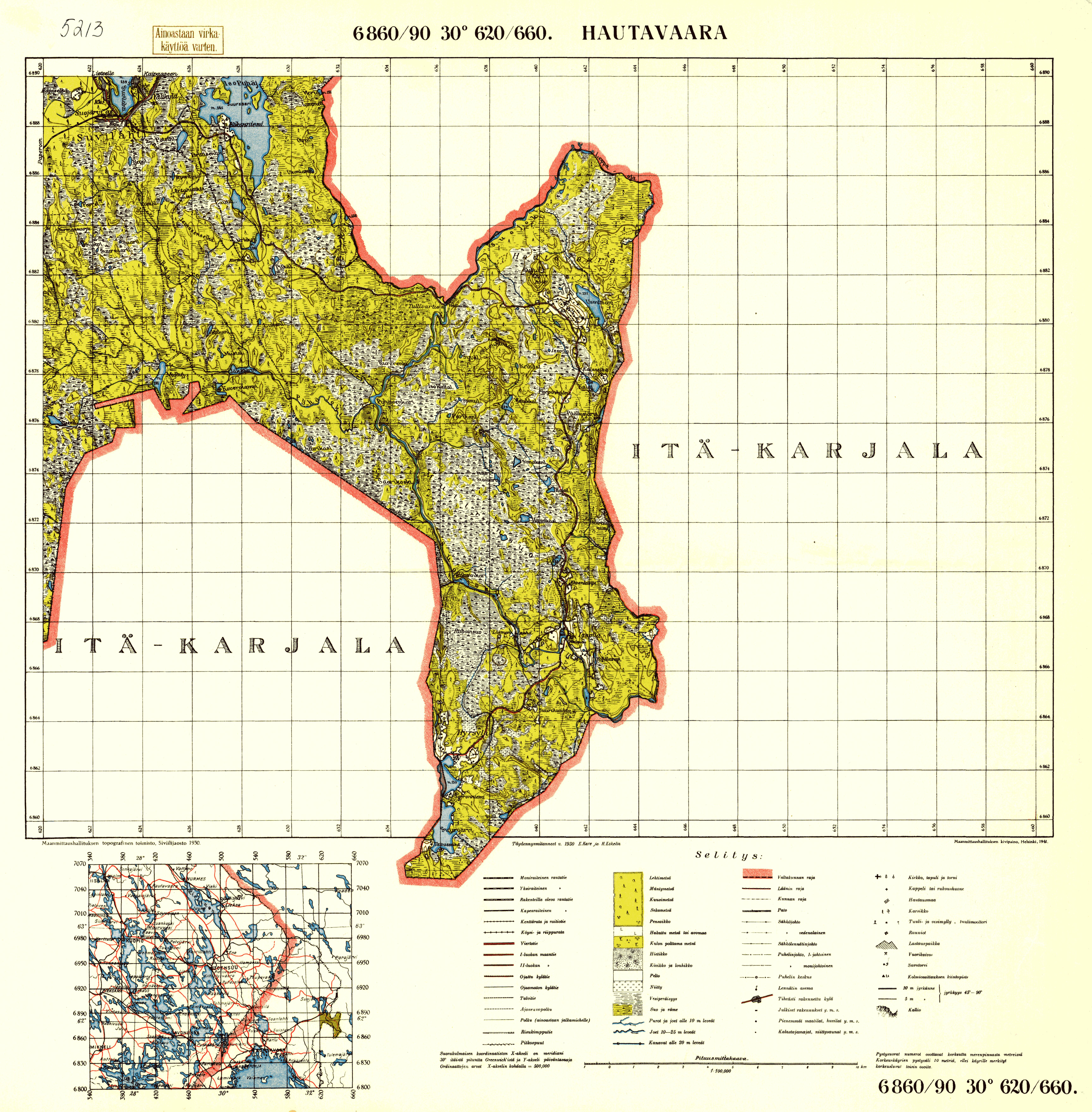 Hautavaara. Topografikartta 5213, 5124. Topographic map from 1941. Use the zooming tool to explore in higher level of detail. Obtain as a quality print or high resolution image