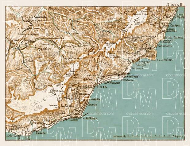 South Crimea: Alupka - Yalta region map, 1904. Use the zooming tool to explore in higher level of detail. Obtain as a quality print or high resolution image