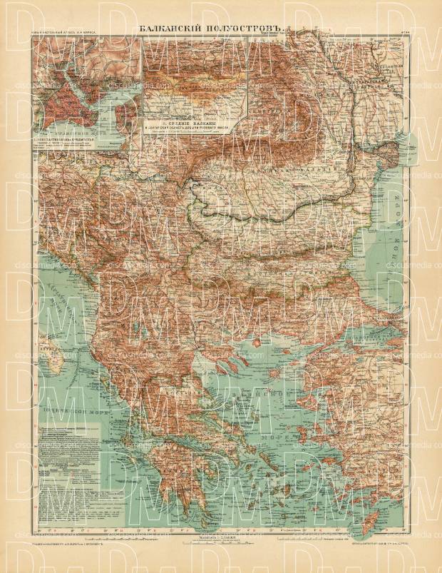 Balkan Peninsula Map (in Russian), 1910. Use the zooming tool to explore in higher level of detail. Obtain as a quality print or high resolution image