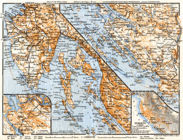 Istria and Dalmatian coast at Bossoglina (Marina). Sebenico (Šibenik) town plan and environs of map, 1911. Use the zooming tool to explore in higher level of detail. Obtain as a quality print or high resolution image
