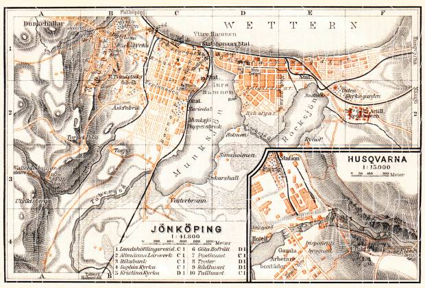 Jönköping city map, 1910. With Husqvarna plan inset. Use the zooming tool to explore in higher level of detail. Obtain as a quality print or high resolution image
