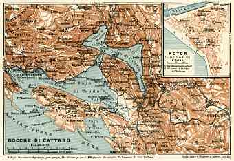 Map of the Gulf of Kotor (Boka Kotorska) and Cattaro (Kotor) town plan, 1929