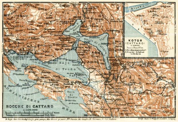 Map of the Gulf of Kotor (Boka Kotorska) and Cattaro (Kotor) town plan, 1929. Use the zooming tool to explore in higher level of detail. Obtain as a quality print or high resolution image