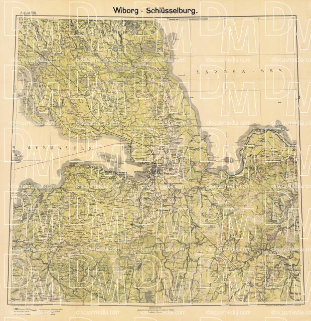 Wiborg - Schlüsselburg, topographic map. Farther Environs of Petrograd (St. Petersburg), 1918. Use the zooming tool to explore in higher level of detail. Obtain as a quality print or high resolution image