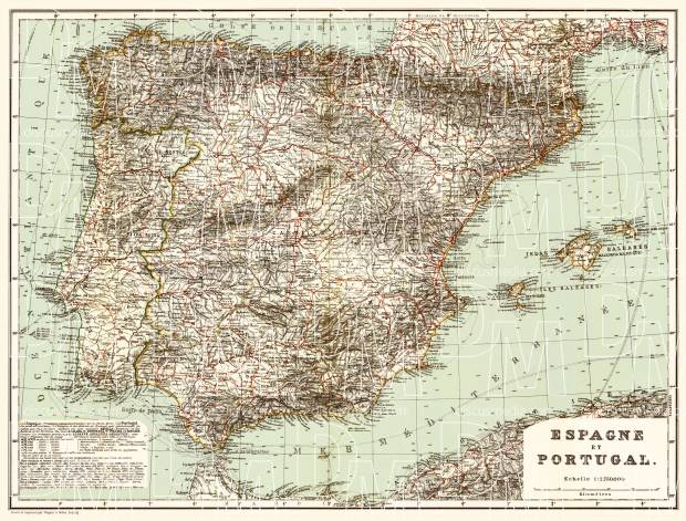 Spain on the general map of the Iberian peninsula (Spain and Portugal General Map), 1899. Use the zooming tool to explore in higher level of detail. Obtain as a quality print or high resolution image