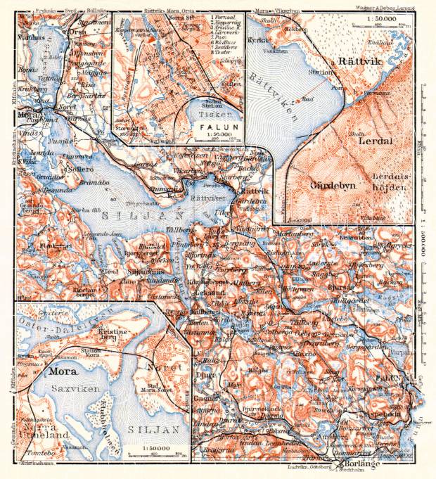 Mora, Falun, Rättvik and environs map, 1911. Use the zooming tool to explore in higher level of detail. Obtain as a quality print or high resolution image