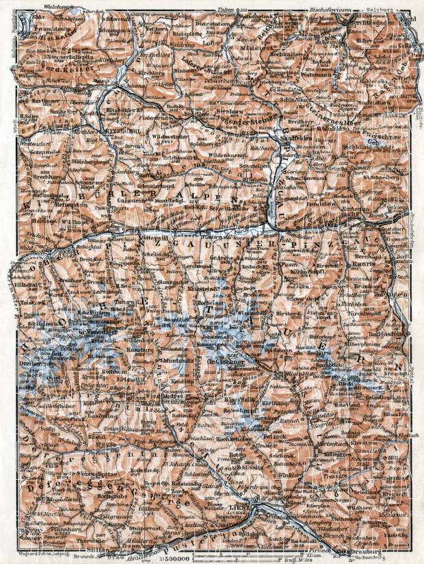 Kitzbühel (Kitzbühl) Alps and High Tatras region map, 1910. Use the zooming tool to explore in higher level of detail. Obtain as a quality print or high resolution image