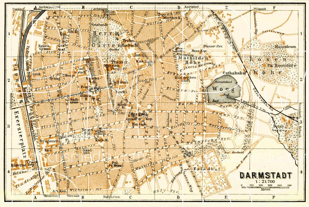 Old map of Darmstadt in 1908. Buy vintage map replica poster print or