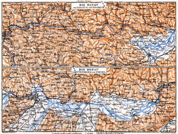Danube River course map from Passau to Strudel, 1911. Use the zooming tool to explore in higher level of detail. Obtain as a quality print or high resolution image