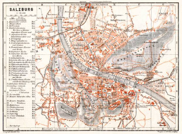 Salzburg city map, 1913. Use the zooming tool to explore in higher level of detail. Obtain as a quality print or high resolution image