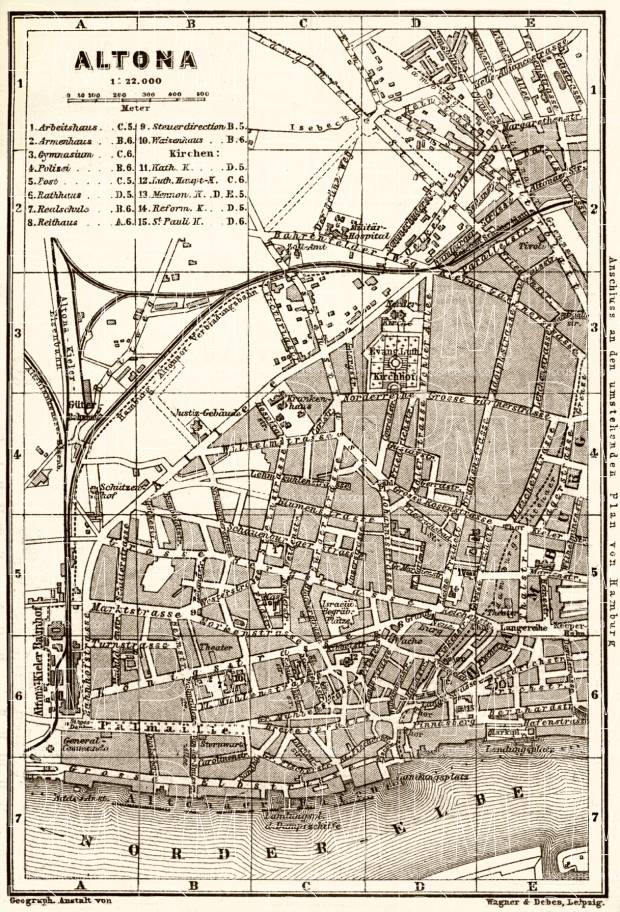 Altona (Hamburg) city map, 1887. Use the zooming tool to explore in higher level of detail. Obtain as a quality print or high resolution image