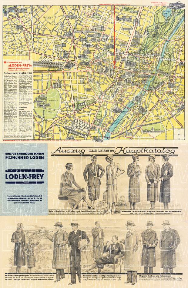 München (Munich) city map, early 1920s (includes fashion flyer). Use the zooming tool to explore in higher level of detail. Obtain as a quality print or high resolution image